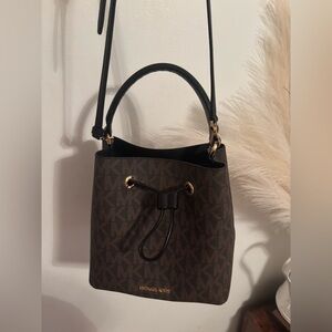 Michael Kors Brown MK Monogram Bucket Bag with Black Handles